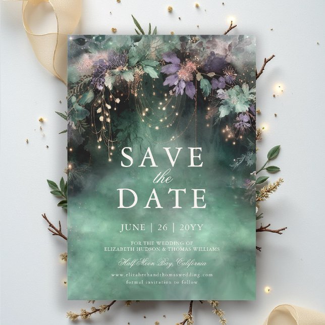 Invitación Boda encantada de Lavanda Forestal Guardar la fech (enchanted forest save the date wedding emerald green gold fairytale fairy garden woodland magic)