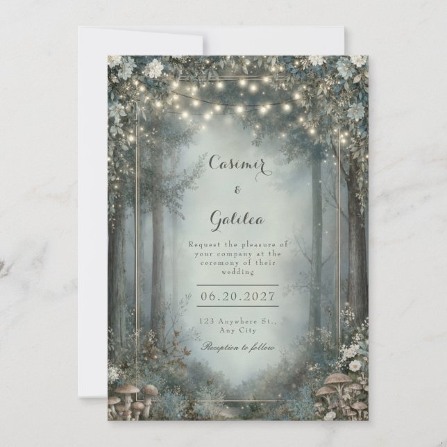 Invitación Boda encantada en el bosque de madera de niebla te (Anverso)