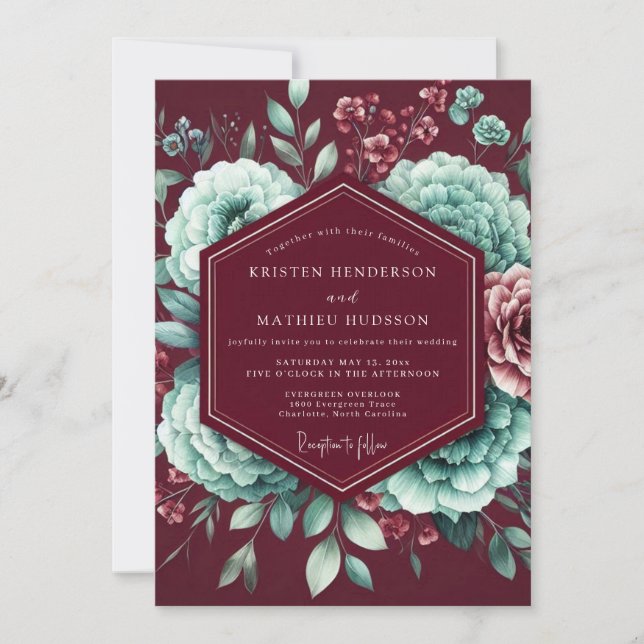 Invitación Boda Encantada Flor de Borgoña (Anverso)