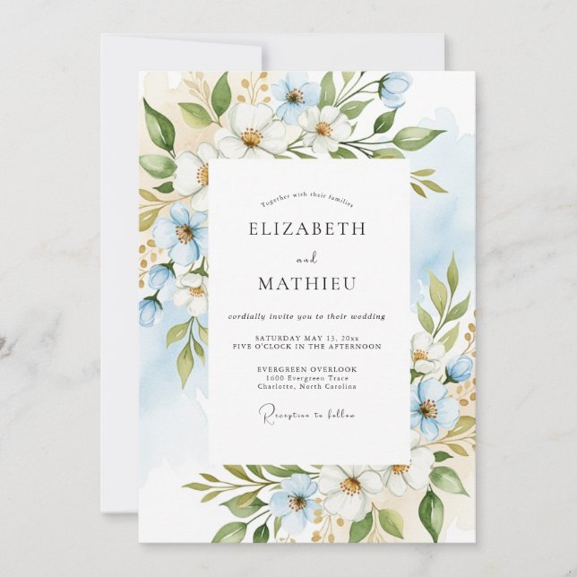 Invitación Boda Encantada Floral Azul Celeste (Anverso)