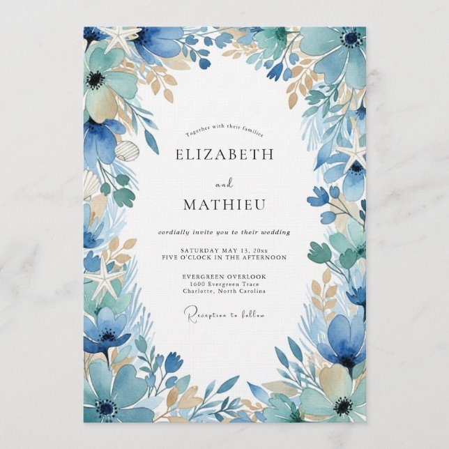 Invitación Boda Encantada Floral Azul con Estilo de Pintura (Anverso)