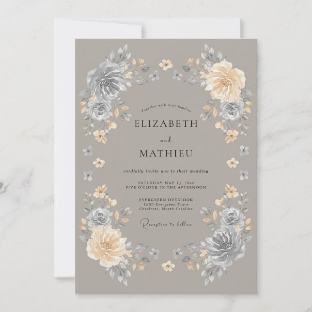 Invitación Boda Encantada Floral Gris (Anverso)