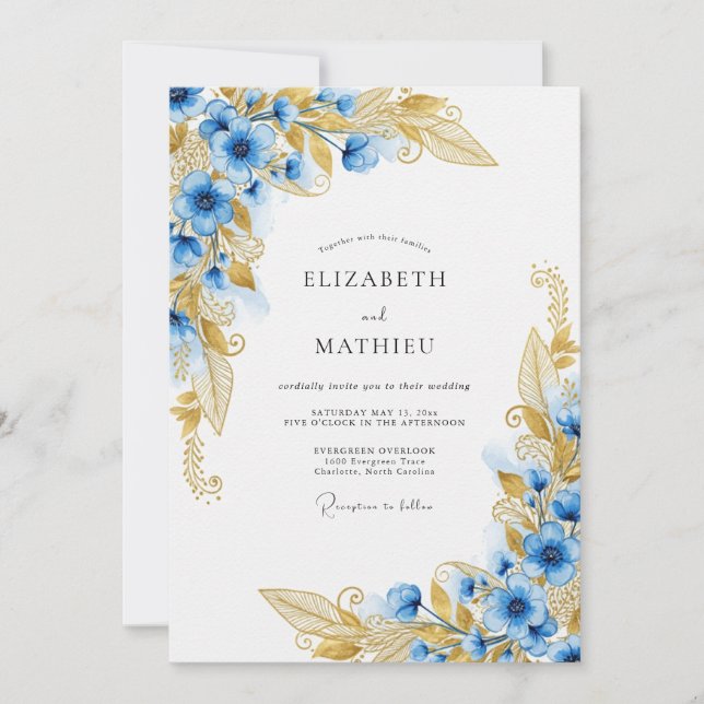 Invitación Boda Encantada Floral Oro Azul (Anverso)