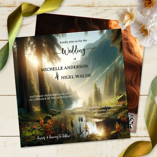 Invitación Boda encantado de la montaña mágica (A dreamy wedding invitation featuring a hazy sunny mountain scene with trees and flowers)