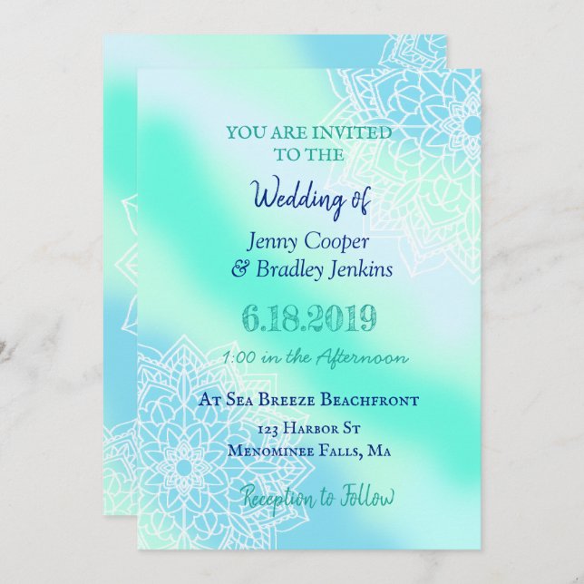 Invitación Boda encantado de Mandala azul y Verde azulado (Anverso / Reverso)