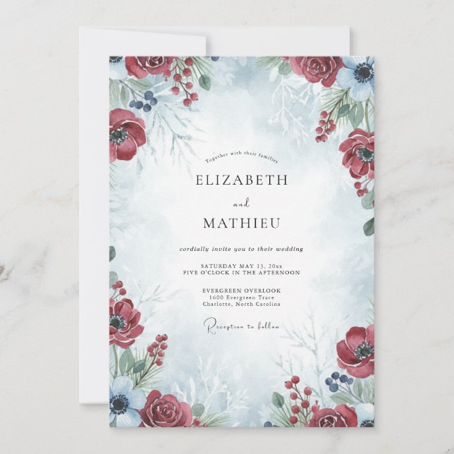 Invitación Boda Encantadora de Invierno Carmesí (Anverso)