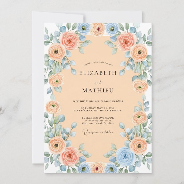 Invitación Boda encantadora de primavera azul albaricoque (Anverso)