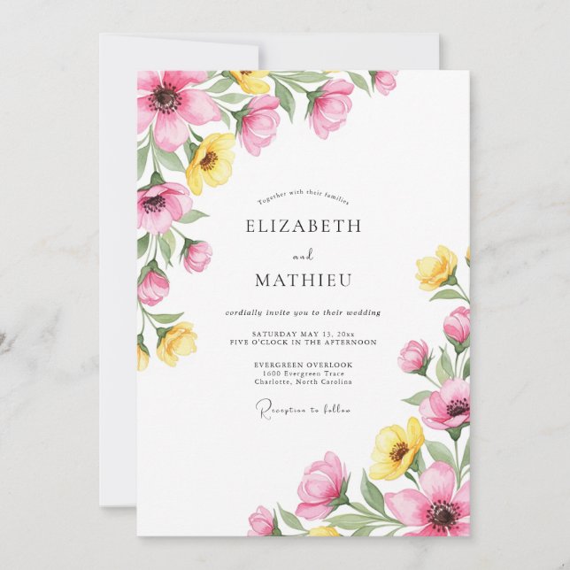 Invitación Boda Encantadora de Primavera en Rosa y Amarillo (Anverso)