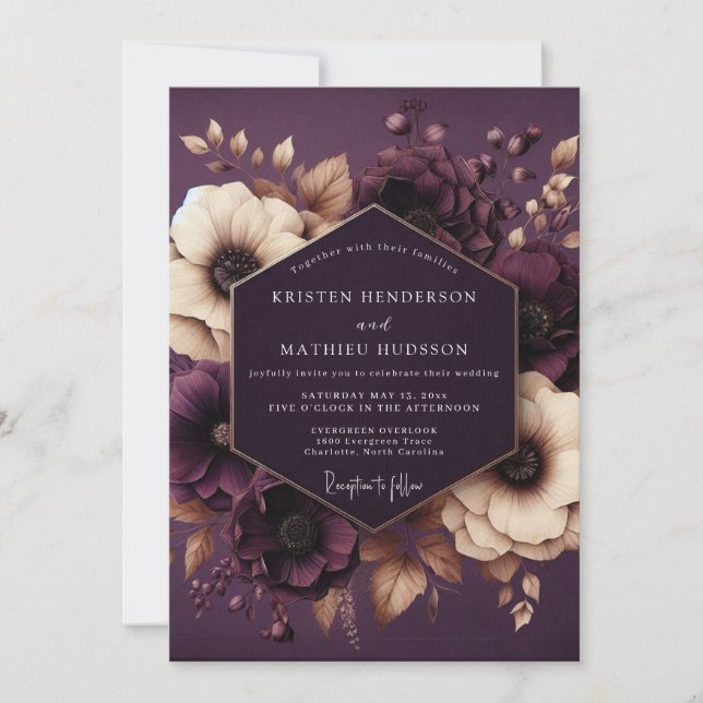 Invitación Boda Encantamiento Botánico de Ciruela (Anverso)