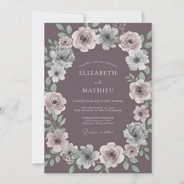 Invitación Boda Encantamiento Floral Ciruela (Anverso)