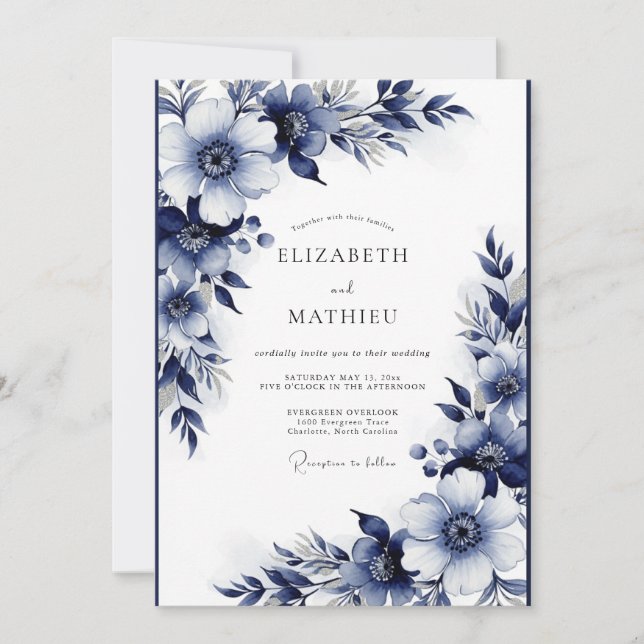 Invitación Boda Encantamiento Floral Índigo (Anverso)