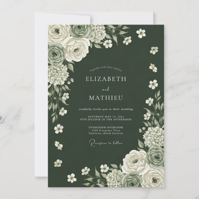 Invitación Boda Encantamiento Floral Verde Profundo (Anverso)