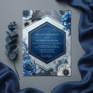 Invitación Boda Encanto Floral Azul Profundo