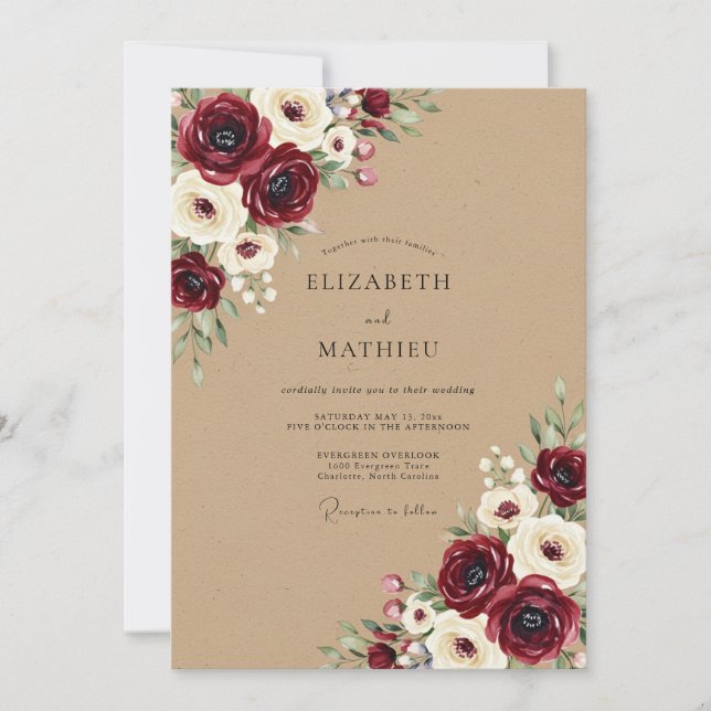 Invitación Boda Encanto Floral Borgoña de Otoño (Anverso)