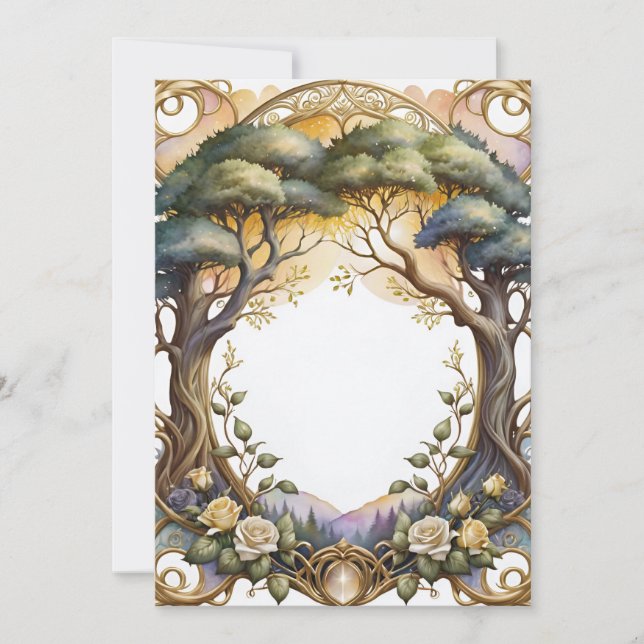 Invitación boda encuadran el oro y las flores mágicas (Anverso)