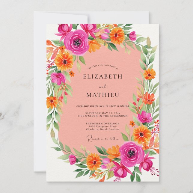 Invitación Boda energética de verano naranja rosa (Anverso)
