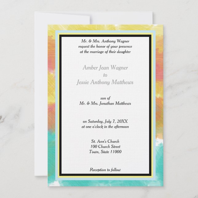 Invitación Boda enmarcada con acuarelas geométricas modernas (Anverso)