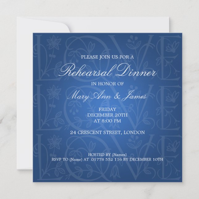 Invitación Boda ensayo Cena amor florece azul (Anverso)