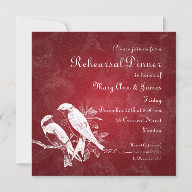 Invitación Boda ensayo Cena Aves Amores Rojo (Anverso)