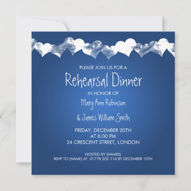 Invitación Boda ensayo Cena Corazones Grunge Azul (Anverso)