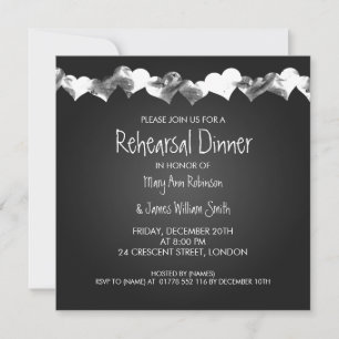 Invitación Boda ensayo Cena Corazones Grunge Negro