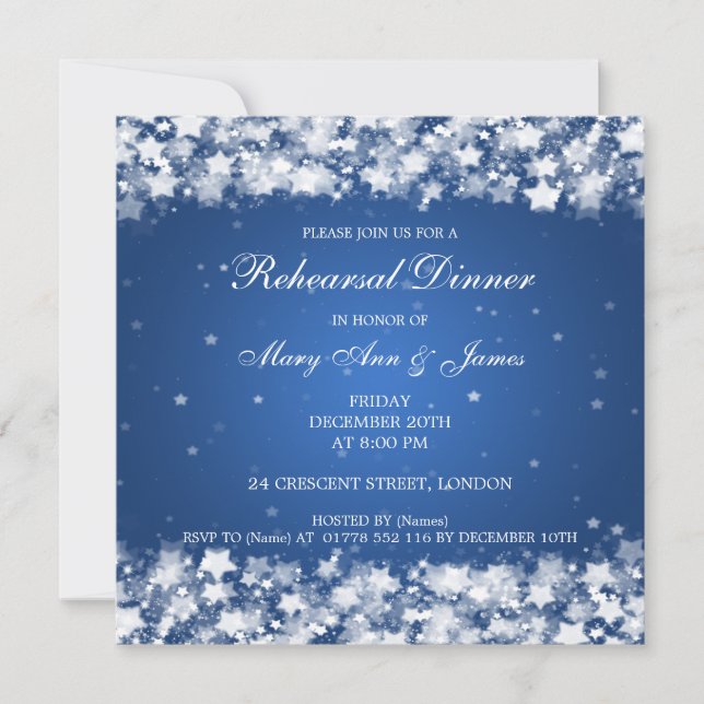 Invitación Boda ensayo Cena Estrellas deslumbrantes Azul (Anverso)