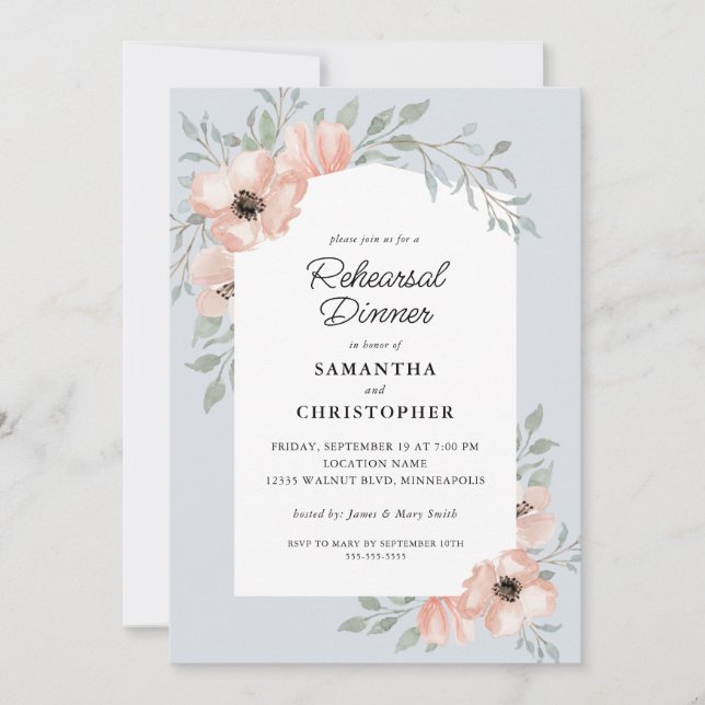 Invitación Boda Ensayo Cena Flores de bata azul turbio (Anverso)