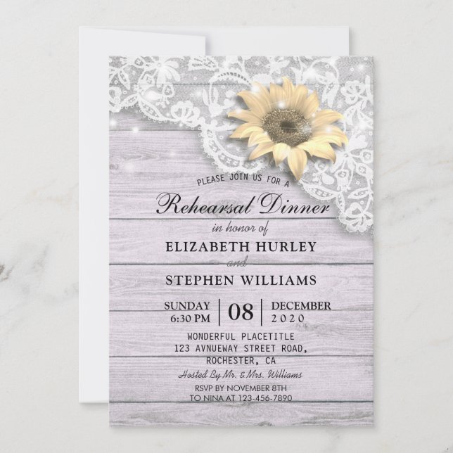 Invitación Boda Ensayo Cena Lace Sunflower Madera Luz (Anverso)