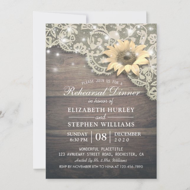 Invitación Boda Ensayo Cena Lace Sunflower Madera Luz (Anverso)