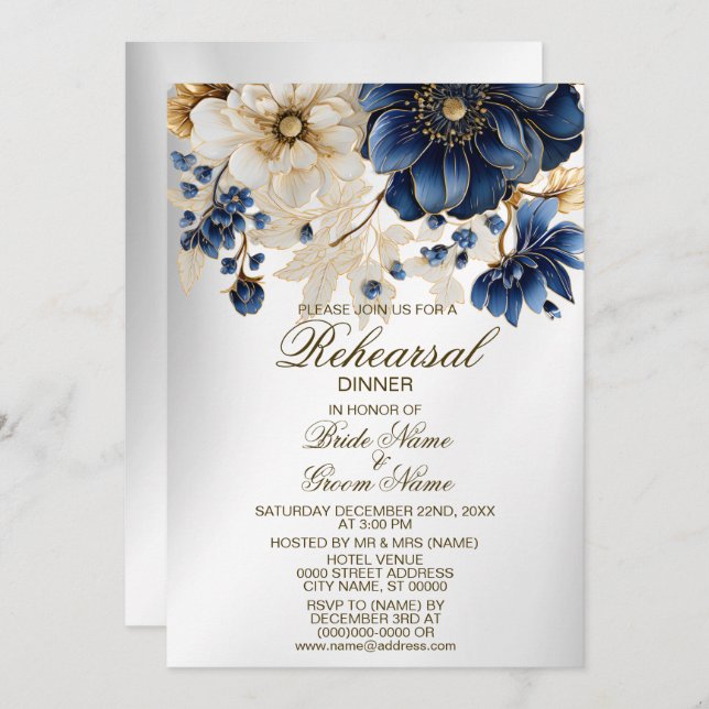 Invitación Boda Ensayo Cena Marina Floral Azul Blanco (Anverso / Reverso)
