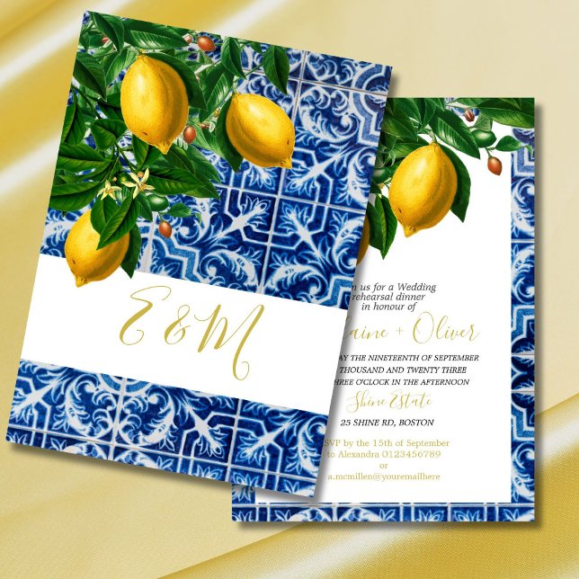 Invitación Boda Ensayo Cena Moda de mosaico azul limón (Subido por el creador)