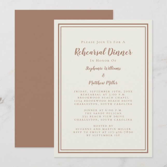Invitación Boda Ensayo Cena Moderna Rustica Mocha Brown (Anverso / Reverso)
