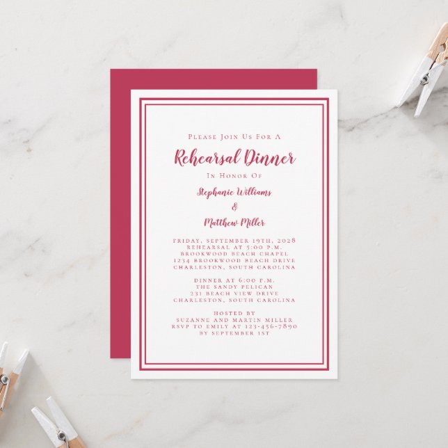 Invitación Boda Ensayo Cena Moderna Simple Magenta Rojo (Anverso/Reverso In Situ)