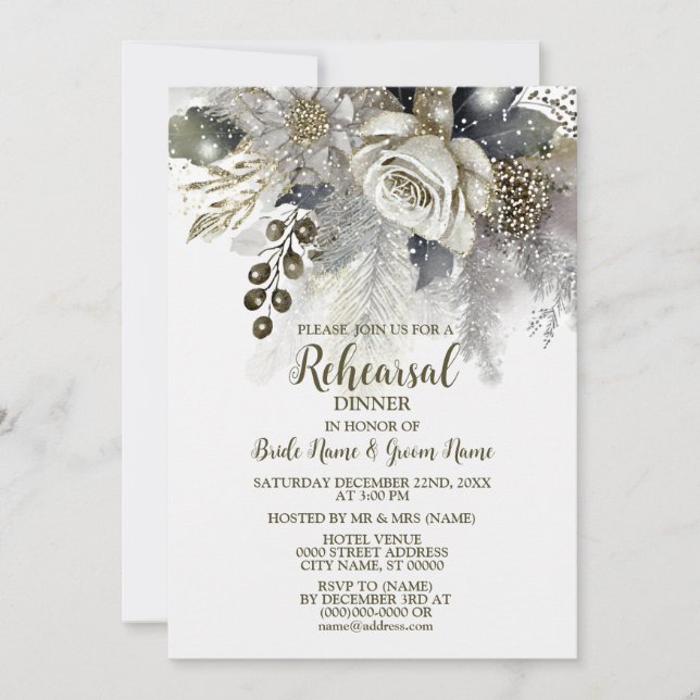 Invitación Boda Ensayo Cena Plata Rosas Blancas Doradas (Anverso)
