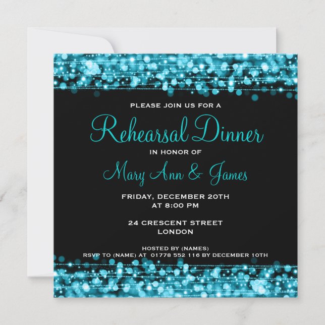 Invitación Boda Ensayo Cena Sparkles Turquesa (Anverso)