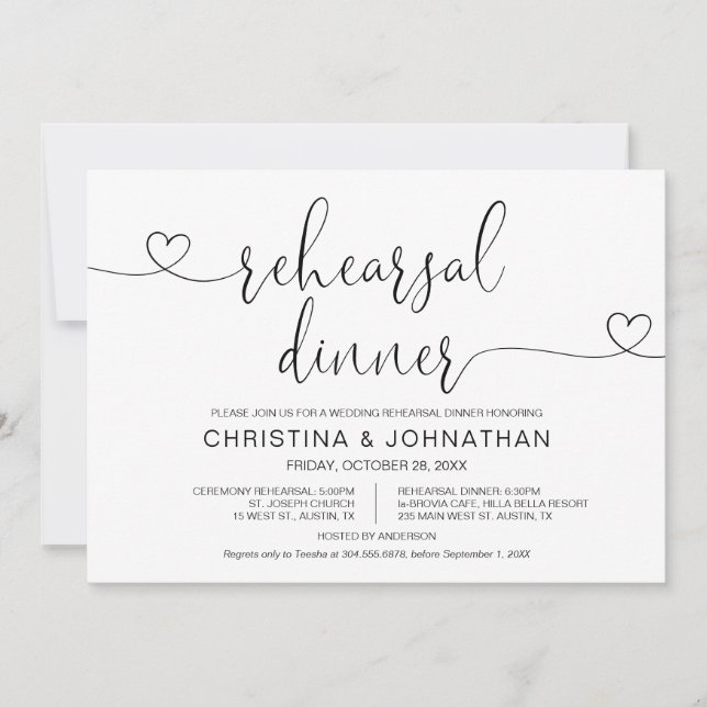 Invitación Boda Ensayo y cena, caligrafía moderna I (Anverso)