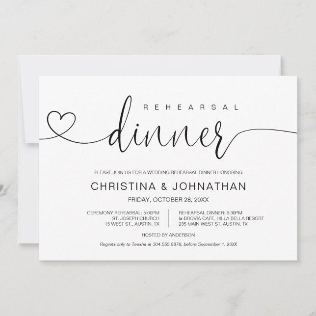 Invitación Boda Ensayo y cena, caligrafía moderna I (Anverso)