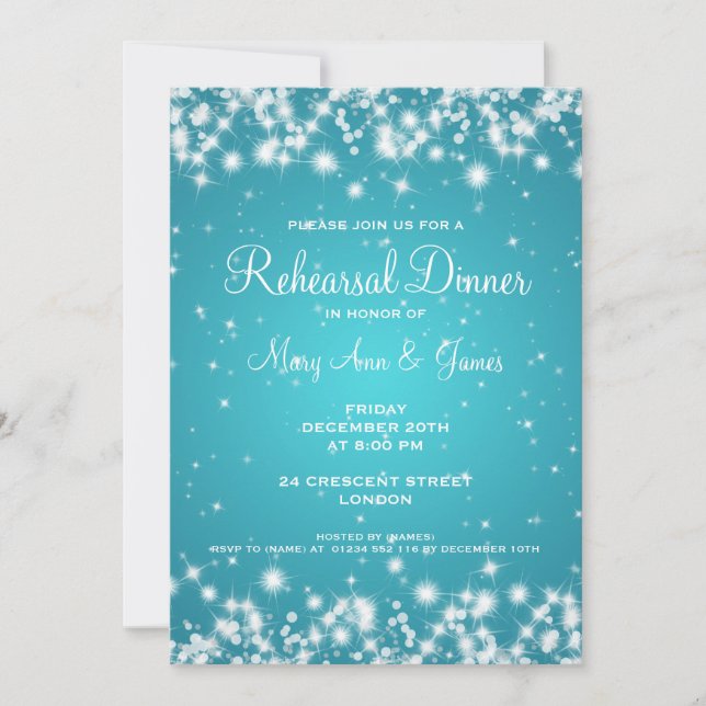 Invitación Boda Ensayos Cena Invierno Sparkle Turquoise (Anverso)
