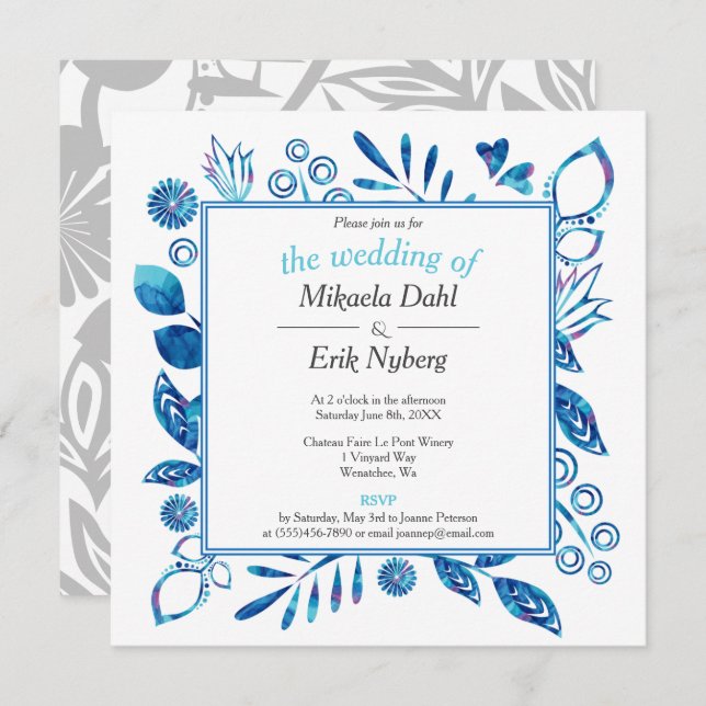 Invitación Boda Escandinavo de patrón floral azul invernal (Anverso / Reverso)