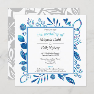 Invitación Boda Escandinavo de patrón floral azul invernal