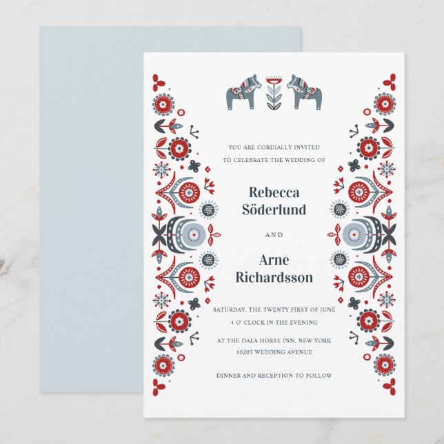 Invitación Boda escandinavo nórdico de arte popular Dala Hors (Anverso / Reverso)