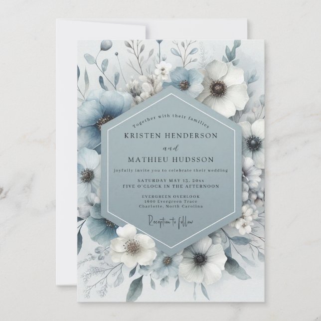 Invitación Boda Escarcha Flor Slate Azul (Anverso)