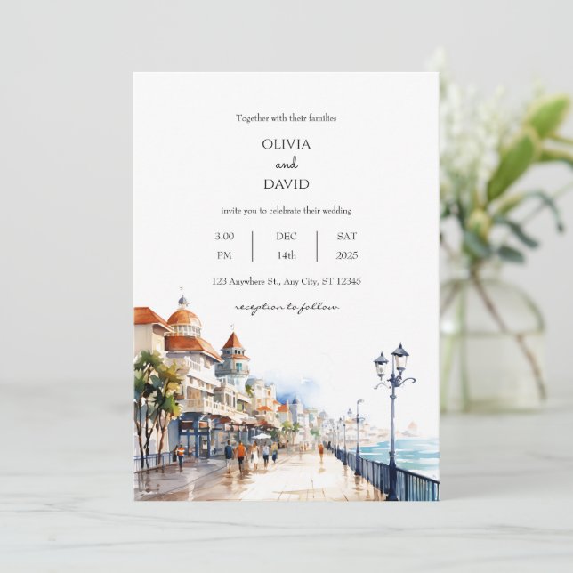 Invitación Boda Escenario de la Ciudad Coastal Beach Boardwal (Anverso de pie)