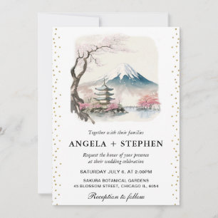 Invitación Boda escénica japonesa de acuarela Fuji y Pagoda