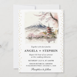 Invitación Boda escénica japonesa de acuarela Fuji y Pagoda