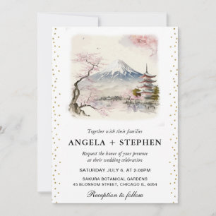 Invitación Boda escénica japonesa de acuarela Fuji y pagoda