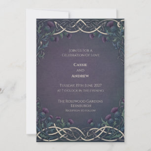 Invitación Boda escocesa de cardo celta de oro y azul marino 
