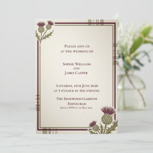 Invitación Boda Escocesa de Tartán Púrpura con Cardo en la Es