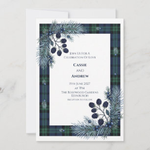 Invitación Boda escocesa de Tartán Verde con Zarzamora y Eneb