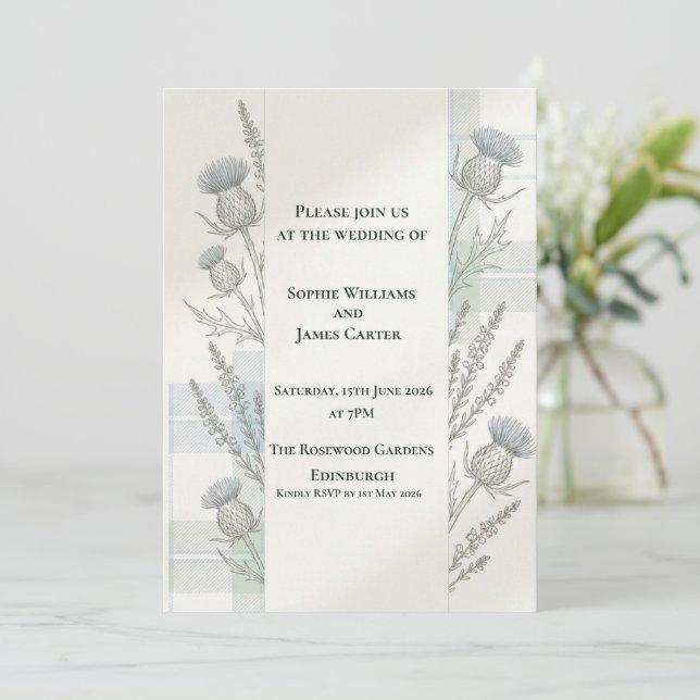 Invitación Boda Escocesa Lavanda Cardo Botánico Mínimo (Anverso de pie)